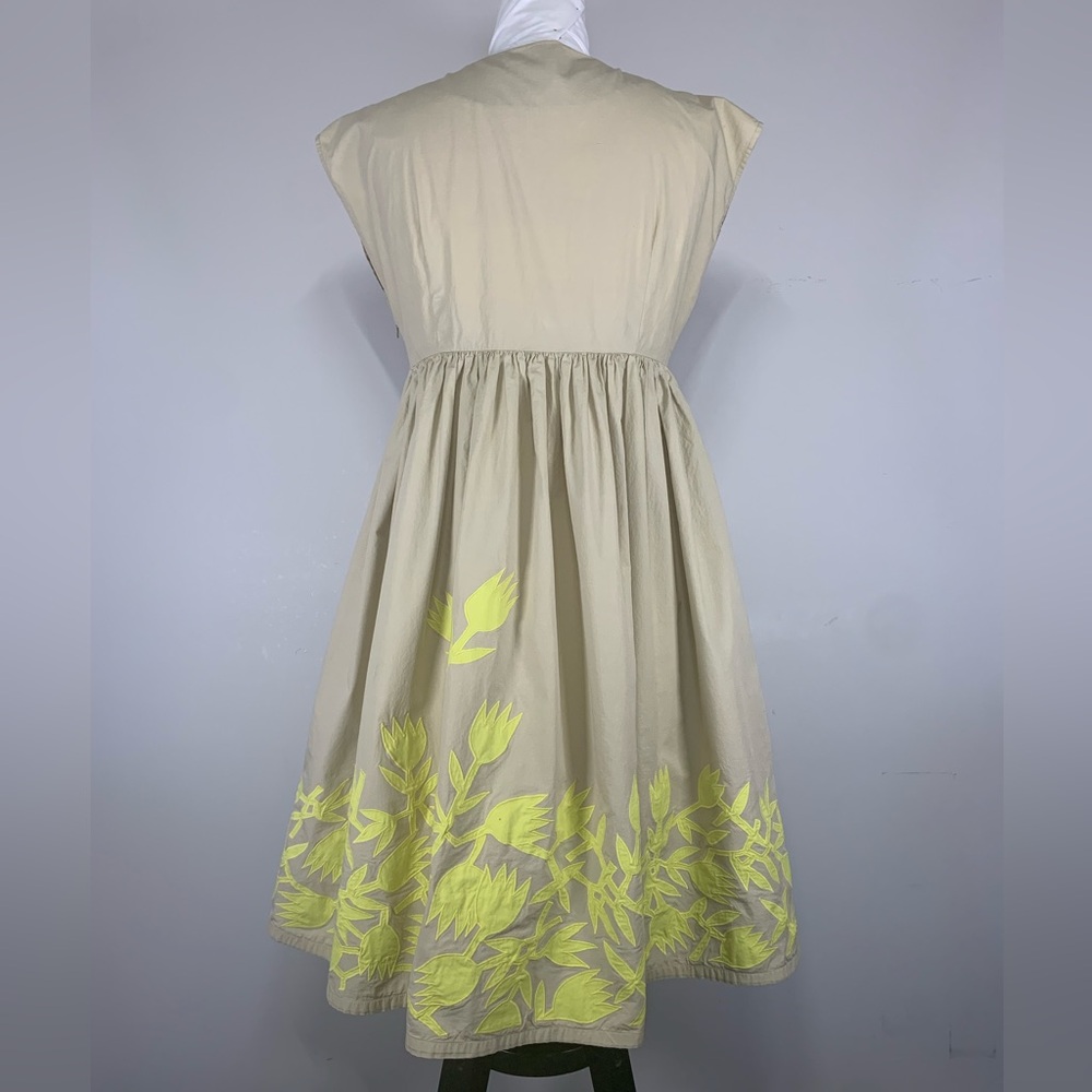 Hoss Intropia Beige Cotton Midi Dress Neon Yellow Floral Embroidery Size 40 - Picture 3 of 6